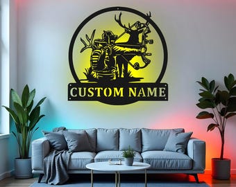 Letrero de caza con arco personalizado, arte de pared de metal LED, decoración personalizada de cazador de ciervos, regalo de caza para él, decoración de pared para cueva de hombre