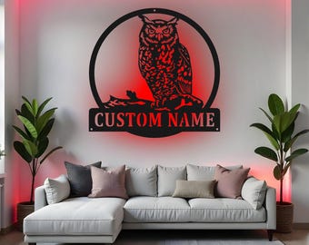 Letrero de búho personalizado con LED, arte de pared de metal, decoración de búho personalizada, letrero con nombre de búho para guardería, decoración de pared de dormitorio, regalo para amantes de las aves