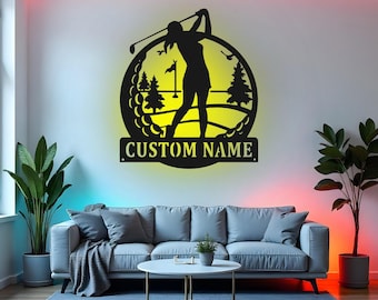 Letrero de golfista personalizado, arte de pared de metal LED, decoración de golf personalizada, regalo para amantes del golf, decoración de habitación de golfista