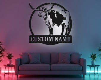 Custom Longhorn Sign LED Metal Wall Art, Personalized Cattle Ranch Decor, Farmhouse Wall Decor, Gift for Rancher