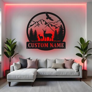 Custom Deer Sign LED Metal Wall Art, Personalized Hunter Gift, Hunting Decor for Cabin, Wildlife Scene Metal Wall Art