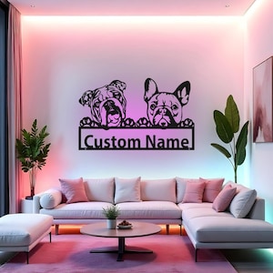 Custom Bulldog Sign LED Metal Wall Art, Personalized Dog Name Decor, French & English Bulldog Gift, Dog Lover Room Decor