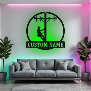 Custom Lineman Sign LED Metal Wall Art, Personalized Power Lineman Gift, Electrician Decor, Utility Worker Wall Decor