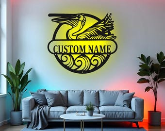 Letrero de pelícano personalizado con LED, arte de pared metálico, decoración de pájaro personalizada, decoración de pared para casa de playa costera, idea de regalo náutico