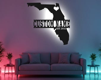 Custom Florida Sign LED Metal Wall Art, Personalized State Map Decor, Florida Lover Gift, Home State Wall Decor