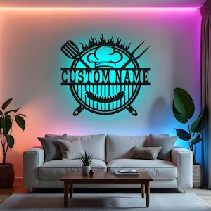 Custom Grill Sign LED Metal Wall Art, Personalized BBQ Decor, Grilling Gift for Dad, Outdoor Patio Decor