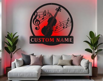 Custom Fiddle Sign LED Metal Wall Art, Personalized Violin Music Decor, Gift for Fiddle Teacher, Music Room Decor