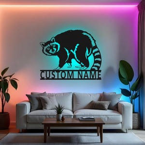 Custom Raccoon Sign LED Metal Wall Art, Personalized Wildlife Decor, Raccoon Lover Gift, Animal Name Sign for Bedroom