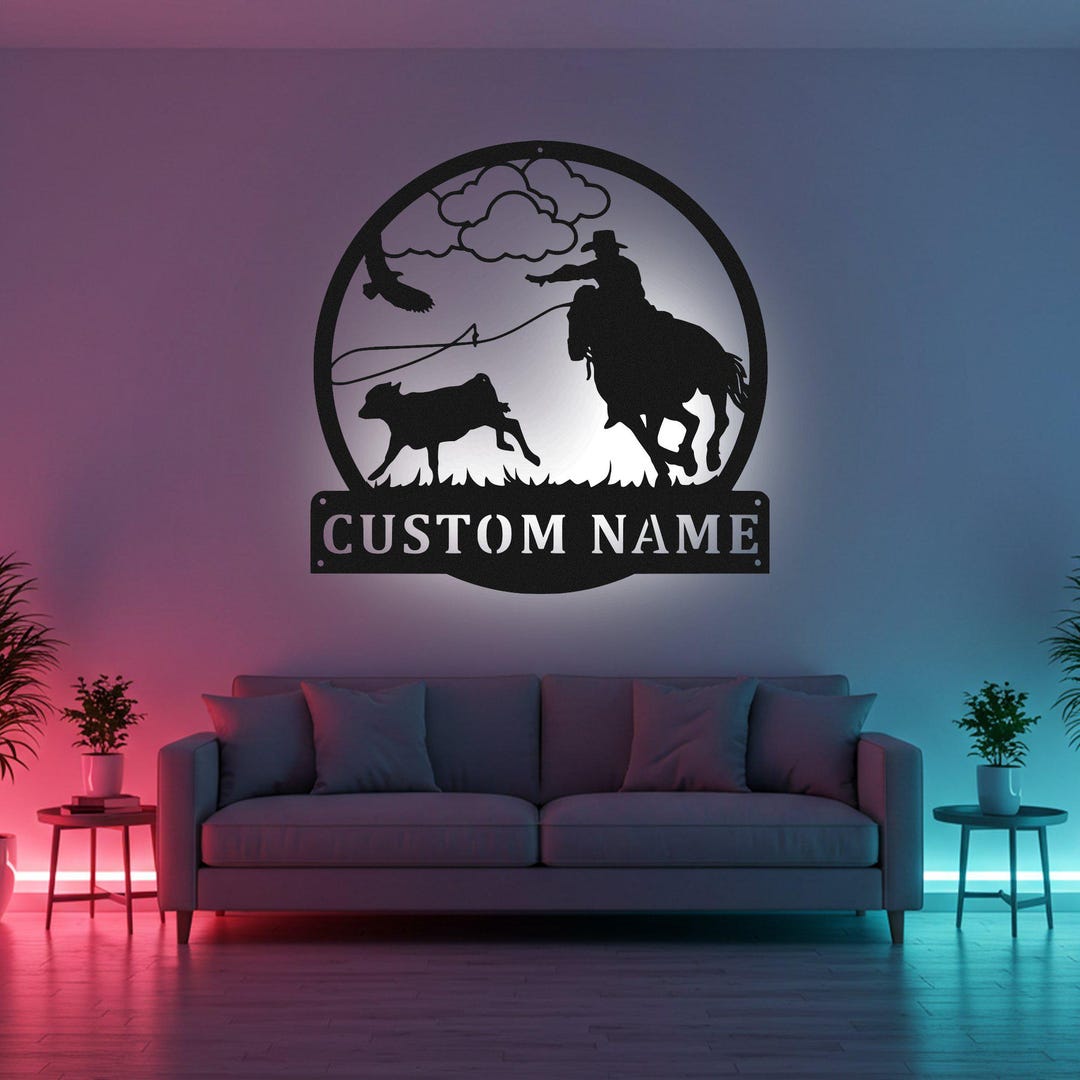 Custom Calf Roping Sign LED Metal Wall Art, Personalized Cowboy Rodeo ...