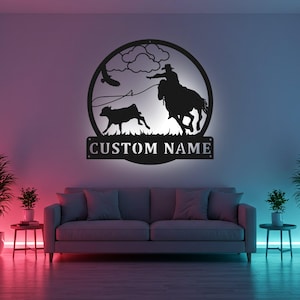 Custom Calf Roping Sign LED Metal Wall Art, Personalized Cowboy Rodeo Decor, Western Ranch Home Gift, Rodeo Lover Wall Decor
