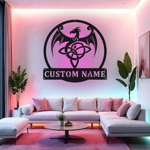 Custom Celtic Dragon Sign LED Metal Wall Art, Personalized Dragon Home Decor, Celtic Knot Wall Decor, Gift for Dragon Lover