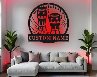 Custom Conga Sign LED Metal Wall Art, Personalized Percussion Decor, Music Teacher Gift, Conga Player Room Decor