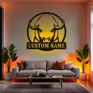 Custom Bison Sign LED Metal Wall Art, Personalized Wildlife Decor, Rustic Home Decor Gift for Hunter, Cabin Wall Decoration