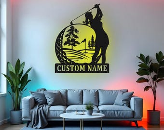 Letrero de golfista personalizado, arte de pared de metal LED, decoración de golf personalizada, regalo de golfista para ella, decoración de dormitorio para amantes del golf