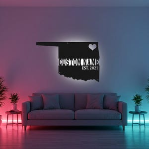 Custom Oklahoma Sign LED Metal Wall Art, Personalized State Map Decor, Oklahoma Home Gift, Living Room Wall Decor