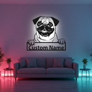 Custom Pug Dog Sign LED Metal Wall Art, Personalized Dog Name Sign, Pug Decor for Dog Mom, Puppy Nursery Decor