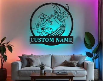 Kundenspezifische Kolibri-Zeichen-LED-Metallwand-Kunst, personifizierte Blumenvogel-Dekor, Garten-Liebhaber-Geschenk, Haus Wohnzimmer Wanddekoration