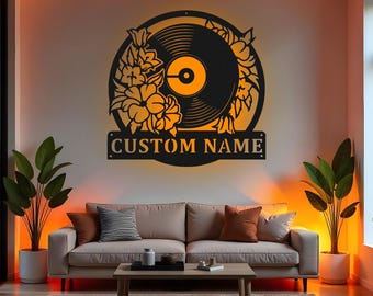 Custom DJ Sign LED Metal Wall Art, Personalized Floral Turntable