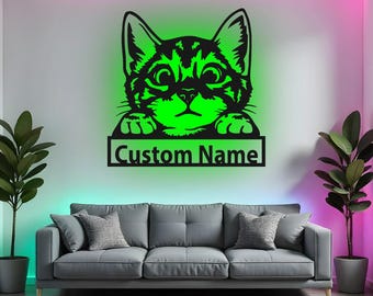 Custom Cat Sign LED Metal Wall Art, Personalized Cat Name Decor, Cat Lover Gift, Metal Wall Art for Bedroom, Cat Mom Gift Idea