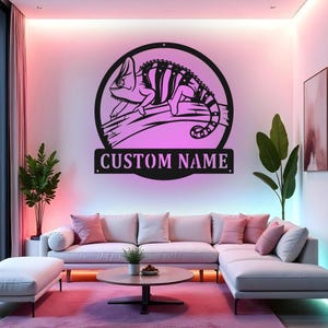 Letrero de camaleón personalizado con LED, arte de pared de metal, decoración de reptiles personalizada, regalo para amantes de los camaleones, decoración de pared para habitación infantil
