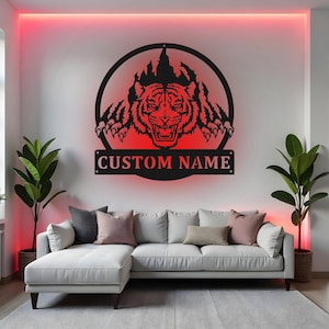 Custom Tiger Sign LED Metal Wall Art, Personalized Tiger Claws Decor, Wildlife Gift for Animal Lover, Bedroom Wall Decor