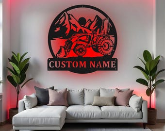 Enseigne personnalisée de chargeur de tracteur, art mural LED en métal, décoration de ferme personnalisée, cadeau paysan, décoration d'intérieur de tracteur