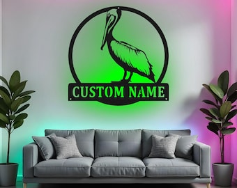 Letrero de pelícano personalizado con LED, arte de pared de metal, decoración costera personalizada, decoración de pared para casa de playa, regalo náutico para el hogar