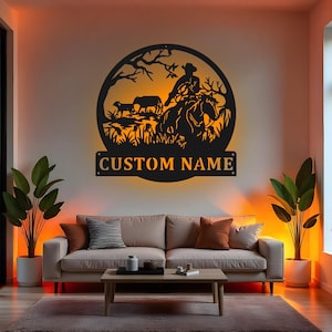 Kundenspezifische Cowboy Zeichen-LED-Metallwand-Kunst, personalisierte Pferdereitendekor, Ranch-Bauernhaus-Wanddekor, Geschenk für Pferdeliebhaber
