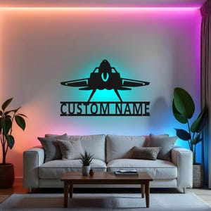 Custom Fighter Jet Sign LED Metal Wall Art, Personalized Pilot Gift, Aviation Decor for Man Cave, Military Aircraft Art