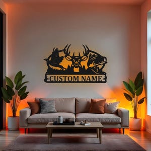 Custom Hunting Sign LED Metal Wall Art, Personalized Hunter Name Decor, Deer Fish Bird Wildlife Metal Wall Art, Hunter Gift for Man Cave