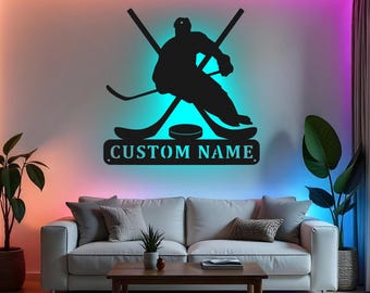 Custom Hockey Sign LED Metal Wall Art, Personalized Hockey Player Decor, Sports Room Decor, Gift for Hockey Fan