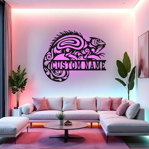 Letrero de camaleón personalizado con LED, arte de pared de metal, decoración de pared con nombre personalizado, decoración de habitación con camaleón, regalo para amantes de los reptiles