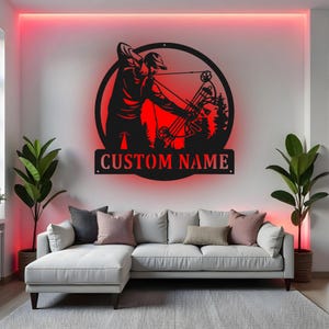 Custom Bow Hunter Sign LED Metal Wall Art, Personalized Archery Decor, Hunting Gift for Him, Man Cave Wall Decor