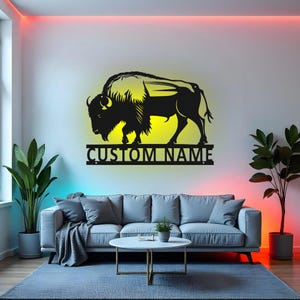 Custom Bison Sign LED Metal Wall Art, Personalized Buffalo Decor, Wildlife Lover Gift, Rustic Home Decoration