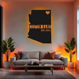 Art mural LED Arizona personnalisé en métal, décoration de carte d'état personnalisée, cadeau pour la maison Arizona, décoration murale de salon