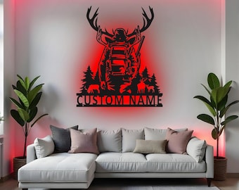 Custom Deer Hunter Sign LED Metal Wall Art, Personalized Hunting Decor, Hunter Gift for Cabin, Outdoor Man Cave Decor