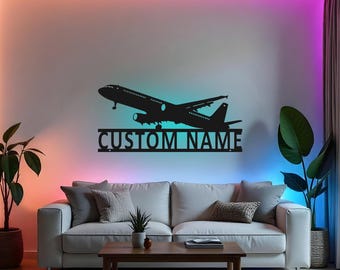 Custom Airplane Sign LED Metal Wall Art, Personalized Pilot Gift, Aviation Decor, Airplane Lover Gift, Pilot Name Room Decoration