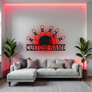Custom Bowling Pin Sign LED Metal Wall Art, Personalized Bowler Name Decor, Bowling Team Gift, Bowling Alley Room Sign
