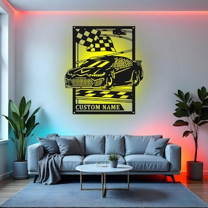 Custom Car Racing Sign LED Metal Wall Art, Personalized Racer Name Decor, Racing Gifts for Car Lovers, Garage Decor