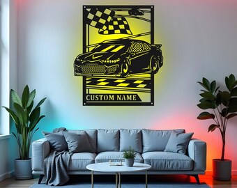 Letrero de carreras de coches personalizado, arte de pared de metal LED, decoración personalizada con nombre de corredor, regalos de carreras para amantes de los coches, decoración de garaje