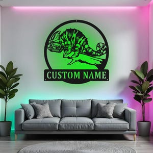 Custom Chameleon Sign LED Metal Wall Art, Personalized Reptile Decor, Chameleon Lover Gift, Kids Room Decoration