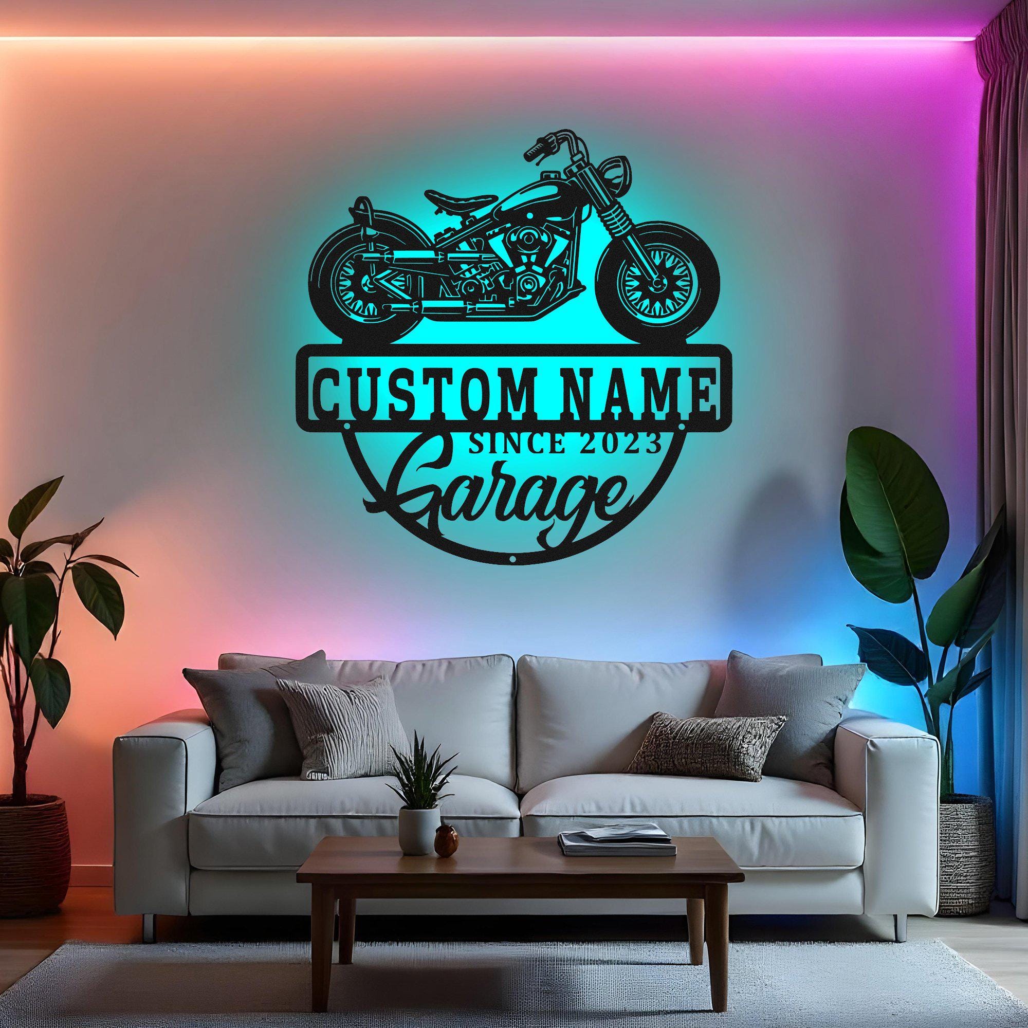 Custom Motorcycle Sign LED Metal Wall Art, Personalized Biker Garage ...