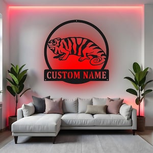 Custom Chameleon Sign LED Metal Wall Art, Personalized Reptile Decor, Unique Gift for Animal Lover, Chameleon Room Decoration