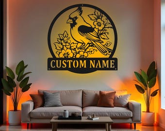 Custom Cardinal Bird Sign LED Metal Wall Art, Personalized Bird Lover Gift, Unique Cardinal Home Decor for Living Room