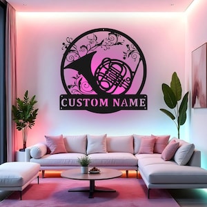 Benutzerdefinierte Horn Zeichen LED Metall Wand Kunst, personalisierte Musik Lehrer Geschenk, Musiker Wohnkultur, Band Zimmerschild