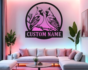 Custom Cardinal Couple Sign LED Metal Wall Art, Personalized Bird Decor, Romantic Gift for Couples, Bedroom Wall Decor