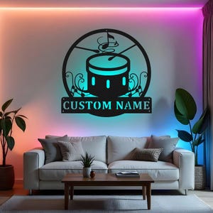 Custom Bass Drum Sign LED Metal Wall Art, Personalized Musician Gift, Drummer Room Decor, Music Studio Decoration