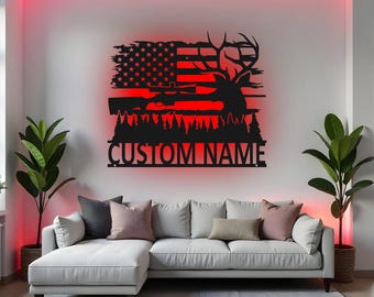 Custom Deer Hunting Sign LED Metal Wall Art, Personalized Hunter Gift, Hunting Lodge Decor, Outdoor Sportsman Room Sign