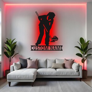 Custom Curling Sign LED Metal Wall Art, Personalized Player Name Decor, Curling Team Gift, Sports Room Wall Decoration