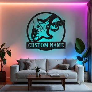 Kundenspezifische E-Gitarren-Zeichen-LED-Metallwand-Kunst, personalisiertes Gitarristengeschenk, Musiker-Raum-Dekor, Gitarrenstudio-Zeichen